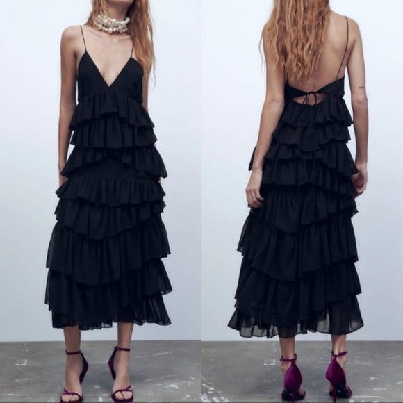 Zara Formal Ruffle Midi Dress in Black - Size M - Picture 5 of 7
